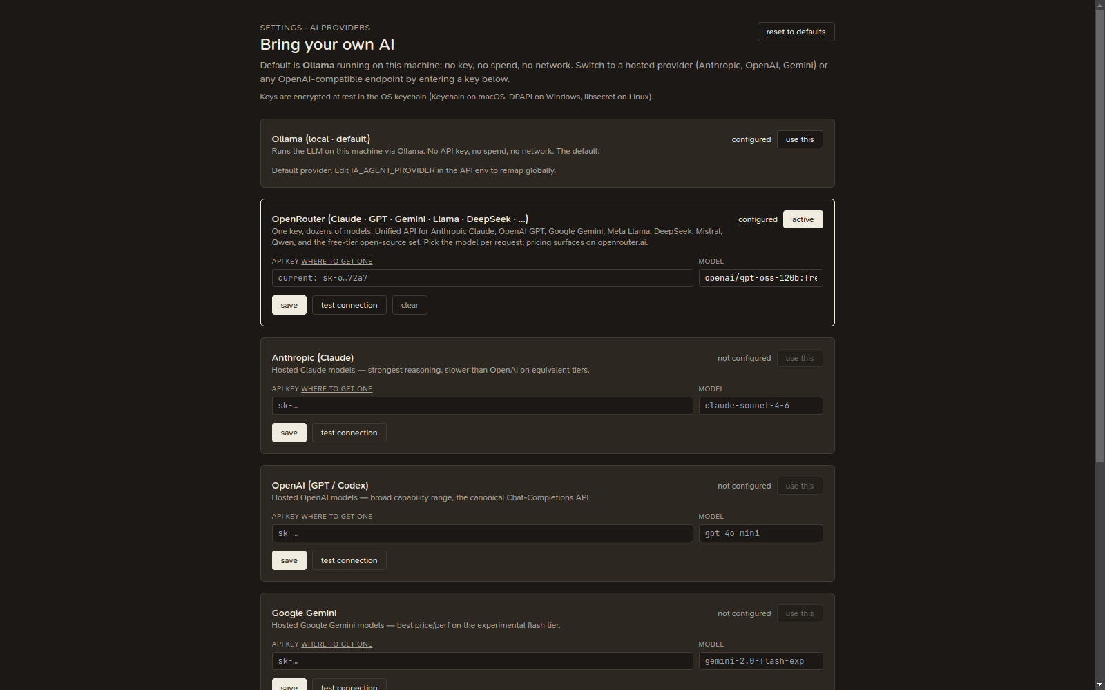 Settings → AI providers — the local default plus hosted, bring-your-own-key providers