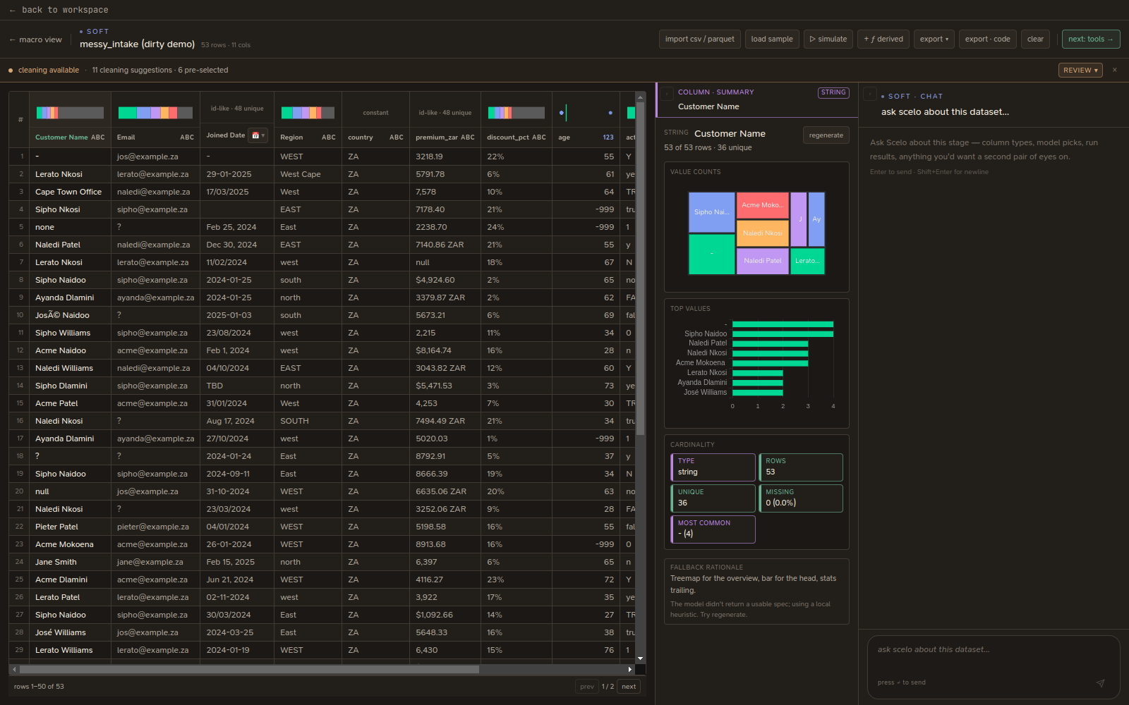 Soft Data — the grid, per-column headers, and the column inspector