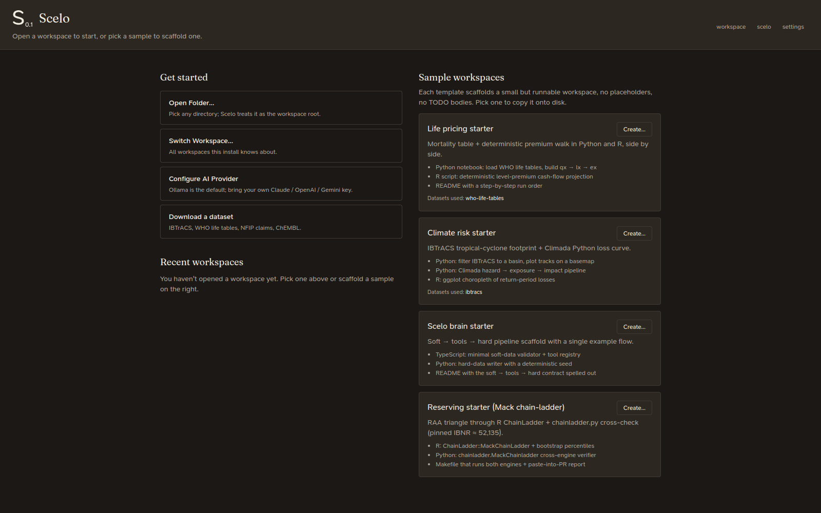 The welcome screen — open a folder or scaffold a sample workspace